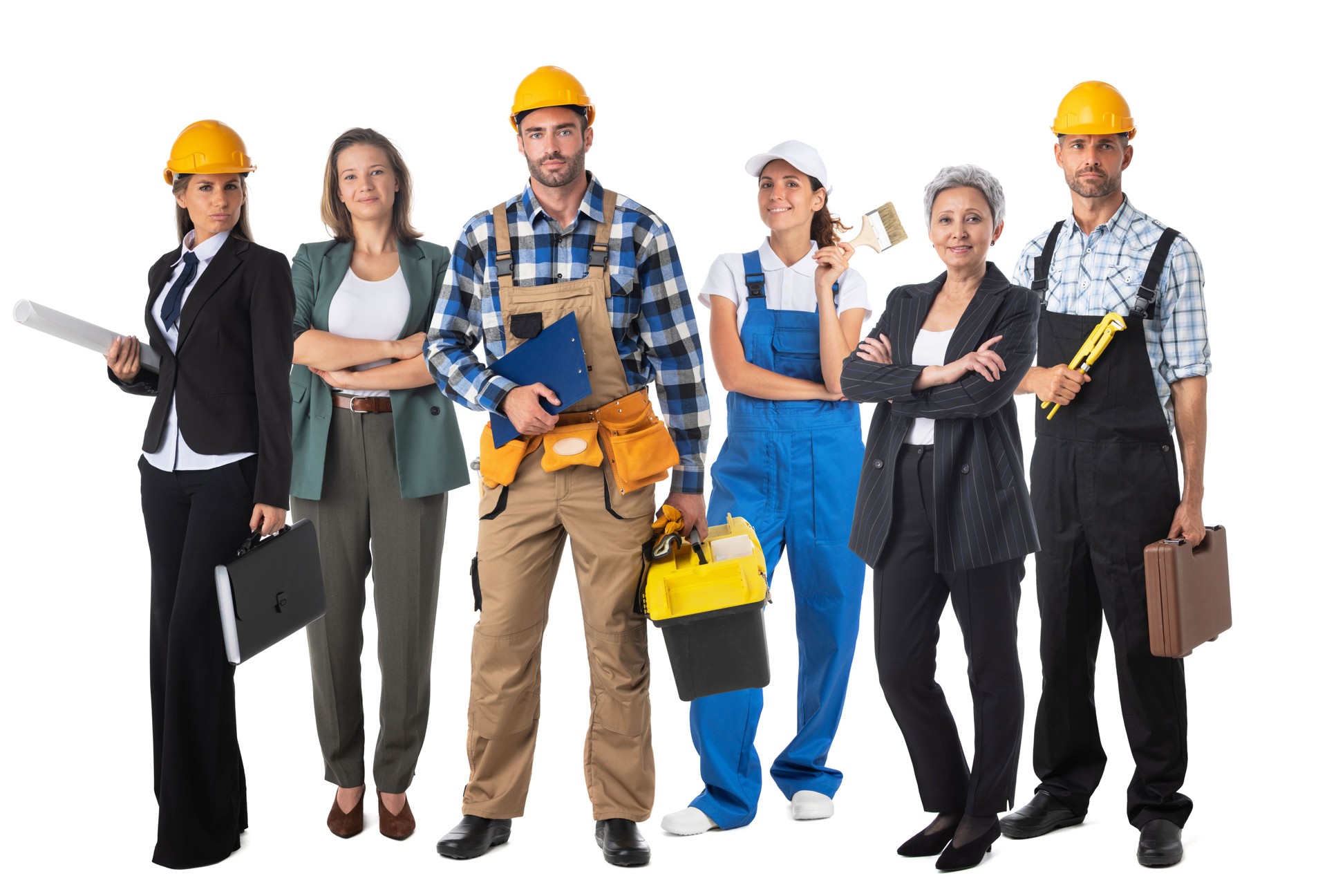 Construction industry workers on white